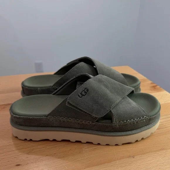UGG Goldenstar Cross Slide Suede Minimalist Platform Sandal Green Size 7.5 - Picture 5 of 10